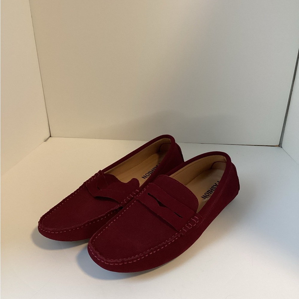Burgundy faux suede loafers with a preppy, retro vibe-size 11
